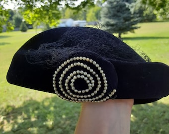 40s / 50s  Italian Women's Fashion Hat - Vintage Navy Blue Hat - Made in Italy