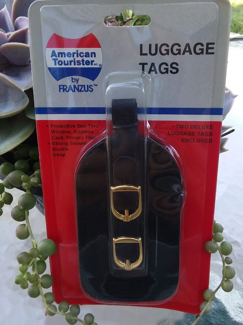 New Old Stock Deadstock Vintage 1991 Pack of 2 Black Vinyl Luggage Tags American Tourister Gold Hardware Address - 90s Traveling