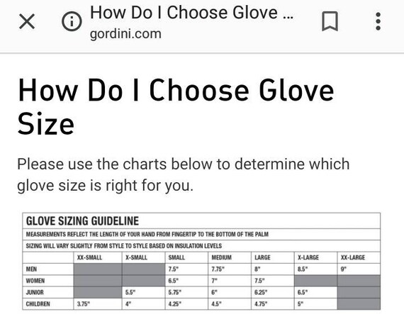 Gordini Mittens Size Chart