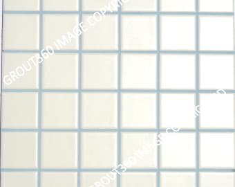 May include: Square, off-white ceramic tiles arranged in a grid pattern with light blue grout lines. The tiles are evenly spaced, creating a clean and modern look. The image is a close-up, showcasing the texture and color of the tiles.