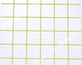 May include: A square tile sheet featuring a grid of white, square tiles. The tiles are separated by bright green grout lines. The overall pattern is a repeating grid, suitable for various home improvement projects.