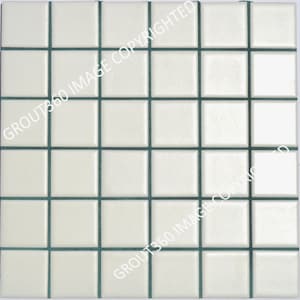May include: Square, off-white ceramic tiles arranged in a grid pattern with dark green grout lines. The tiles have a slightly textured surface and are evenly spaced, creating a clean and modern look. The image is a close-up of the tile arrangement.