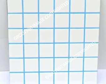 May include: A square, white tile with a grid pattern of light blue lines. The tile is divided into smaller squares by the blue lines. The text "GROUT360 IMAGE COPYRIGHTED" is printed diagonally across the tile.