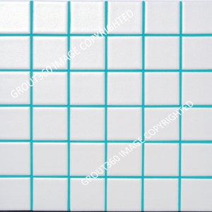 May include: Square white tiles with turquoise grout lines form a grid pattern. The tiles are arranged in a square, creating a clean and modern design. The image is a close-up of the tile arrangement.