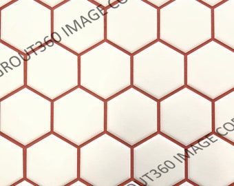 May include: Close-up of white hexagonal tiles with reddish-brown grout lines. The tiles are arranged in a honeycomb pattern, creating a geometric design. This tile design is suitable for various interior design applications, such as backsplashes or bathroom walls.