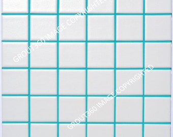 May include: Square white tiles with turquoise grout lines form a grid pattern. The tiles are arranged in a square, creating a clean and modern design. The image is a close-up of the tile arrangement.