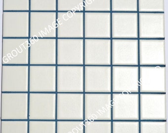 May include: A square tile sample featuring a grid of small, off-white square tiles. The tiles are separated by dark blue grout lines. The overall arrangement creates a clean, geometric pattern, suitable for various design applications.