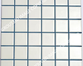 May include: A square tile sample featuring a grid of off-white, square tiles with dark blue grout lines. The tiles are arranged in a grid pattern, creating a uniform and clean appearance. The image is well-lit, highlighting the texture and color of the tiles.