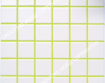 May include: Square white tiles with bright green grout lines. The tiles are arranged in a grid pattern, creating a clean and modern look. The image is a close-up, showcasing the texture and color contrast. The overall aesthetic is minimalist and geometric.