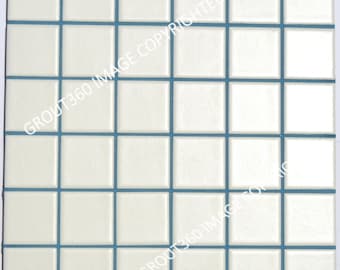 May include: Square white tiles with blue grout lines. The tiles are arranged in a grid pattern, creating a clean and modern look. The image is a close-up, showcasing the texture and color of the tiles.