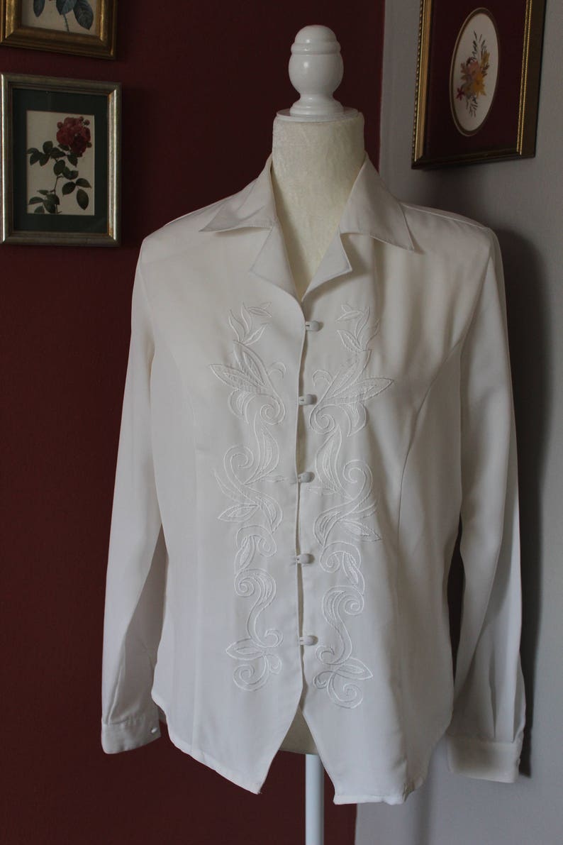 Vintage Claudia Richards White Floral-Detailed Long Sleeve Blouse