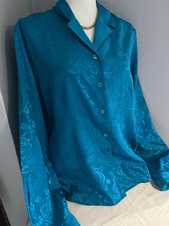 Vintage Long Sleeved Teal Blue Long Floral Blouse - image 3