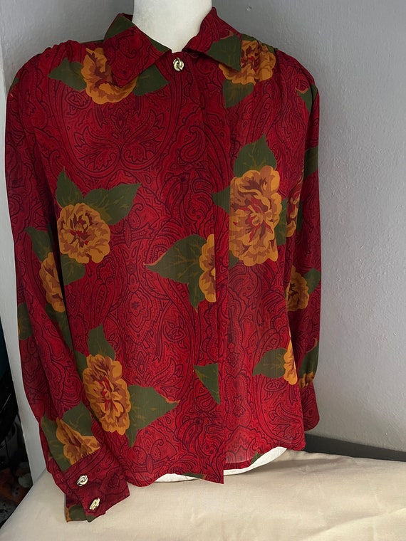 Vintage Long Sleeved SK & Company Red/Yellow Flor… - image 1