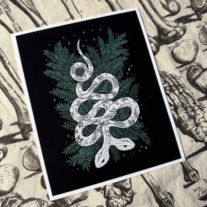 May include: A white snake illustration with floral and moon details, coiled over green fern-like leaves, set against a black background. Gold star accents add a touch of sparkle. The artwork is presented on a white square.