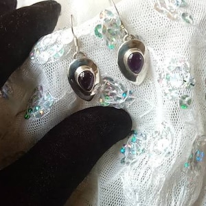 Amethyst Sterling Silver Dangle Earrings/ Cabochon Amethyst Earrings/ 925 Sterling Silver Earrings with Amethysts/