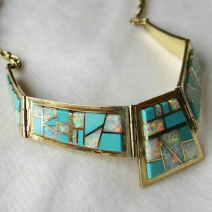 14kt Yellow Gold Opal and Sleeping Beauty Turquoise Inlay Choker Necklace