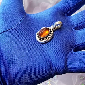 Amber Sterling Silver Pendant/ Amber and Sterling Silver Pendant/ Cabochon Amber Stone Mounted in Ornate Sterling Silver