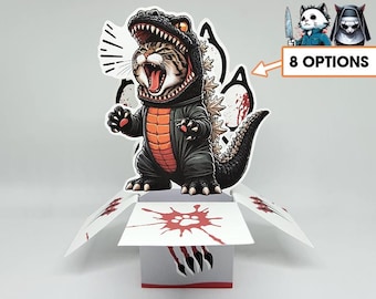 May include: A pop-up card featuring a cat wearing a black and orange dinosaur costume with a spiky tail and back. The card base is white with red blood-like splatters and a paw print. An arrow points to text reading 8 OPTIONS with two small cat icons.