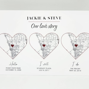 Personalisierte unsere Love Story Karte | Personalisierte Herzkarte mit 3 Orten | Hochzeit, Jubiläum, Paargeschenk, Valentinstag Karte