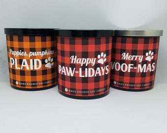 9oz. Holiday Pet Soy Candle | Dog Candle, Cat Candle | Fall, Halloween, Christmas, Buffalo Plaid, Red Plaid, Orange Plaid