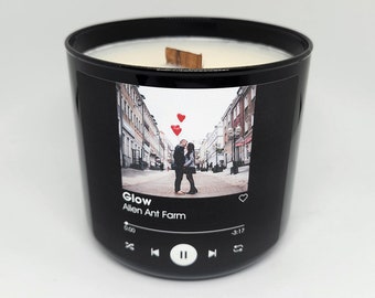 17oz. Crackling Wooden Wick Candle | Photo Candle with Favorite Song | Spotify, YouTube or Apple Music | Scented Candle, Handmade Candle