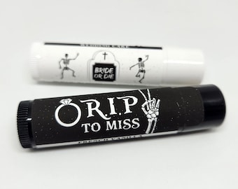 Bridal Shower Lip Balm | R.I.P to Miss, Last Name | Gothic Style Lip Balm, Halloween Wedding, Till Death Do Us Party, Bride or Die