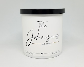 Personalized Housewarming Soy Candle: Custom Last Name Gift, 10oz