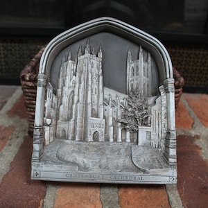 Canterbury Cathedral Plaque 1978 Marcus Designs signed D.H. Morton silvered chalkware bas relief sculpted wall art