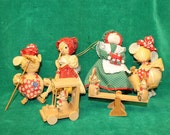 Six 6 Country Style Christmas Ornaments corn husk mice, wood mice, gingham lady - farm vintage simple