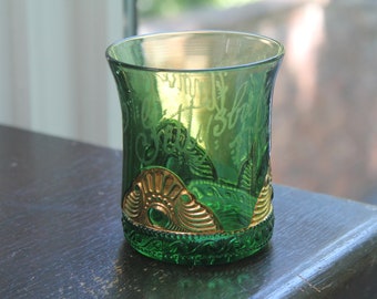 EAPG Green Colorado Glass Souvenir Tumbler "Gettysburg 1863-1913 Annie Laird" gold lacey medallion emerald green pressed glass Civil War