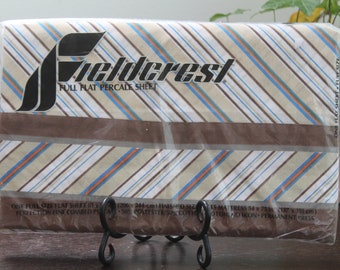 Drap plat double en percale Fieldcrest marron bleu orange dans un lit double 81 x 96 NIP NOS vers les années 1970 au milieu du siècle