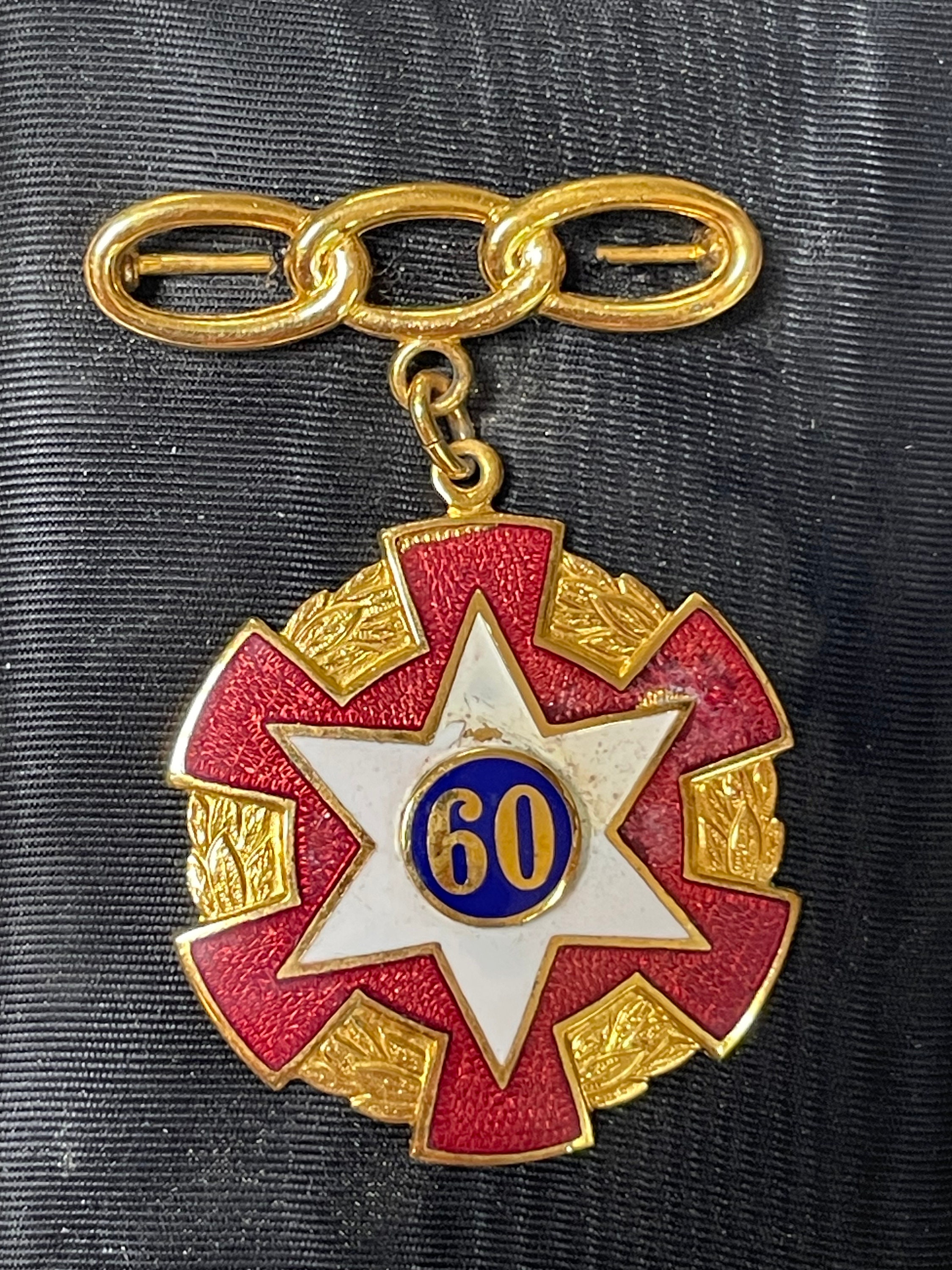IOOF Odd Fellows Badge Pin for 60 Years Circa 1930s 1940s Enameled