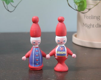 Mogens Eigenbrod Pixie Couple hand painted wooden Swiss Tomte figurines 1960s Christmas man & woman 4.75" high