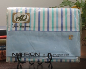 Lady Pepperell Muslin Twin Flat Sheet blue stripes in single bed size 72 x 104 NIP NOS circa 1970s mid century