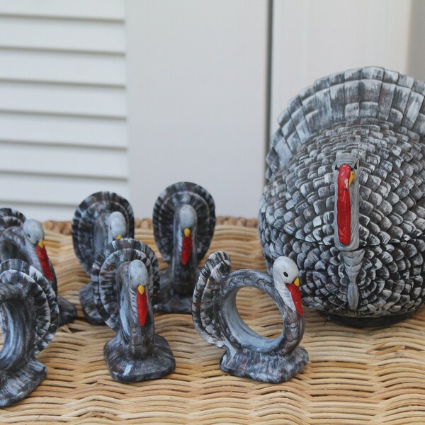 Ceramic Turkey Dish & 6 Turkey Napkin Rings lidded compote tureen centerpiece for Thanksgiving or turkey hunter gift