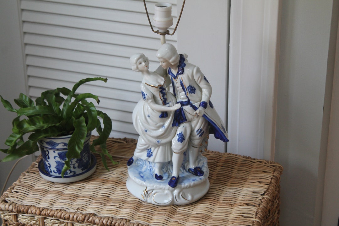 Figurine Lamp Base Blue & White Colonial Style Victorian Dancing Couple