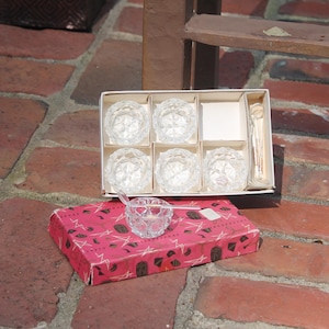 Glass Salt Cellars & Spoons in original box Bohemia Glass clear crystal salt dips 6 salts 6 spoons Glass Export Made in Czechoslovakia