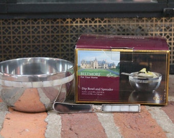 Dip Bowl & Spreader by Biltmore for Your Home 7710280 silver metal with MOP trim mother of pearl in original box