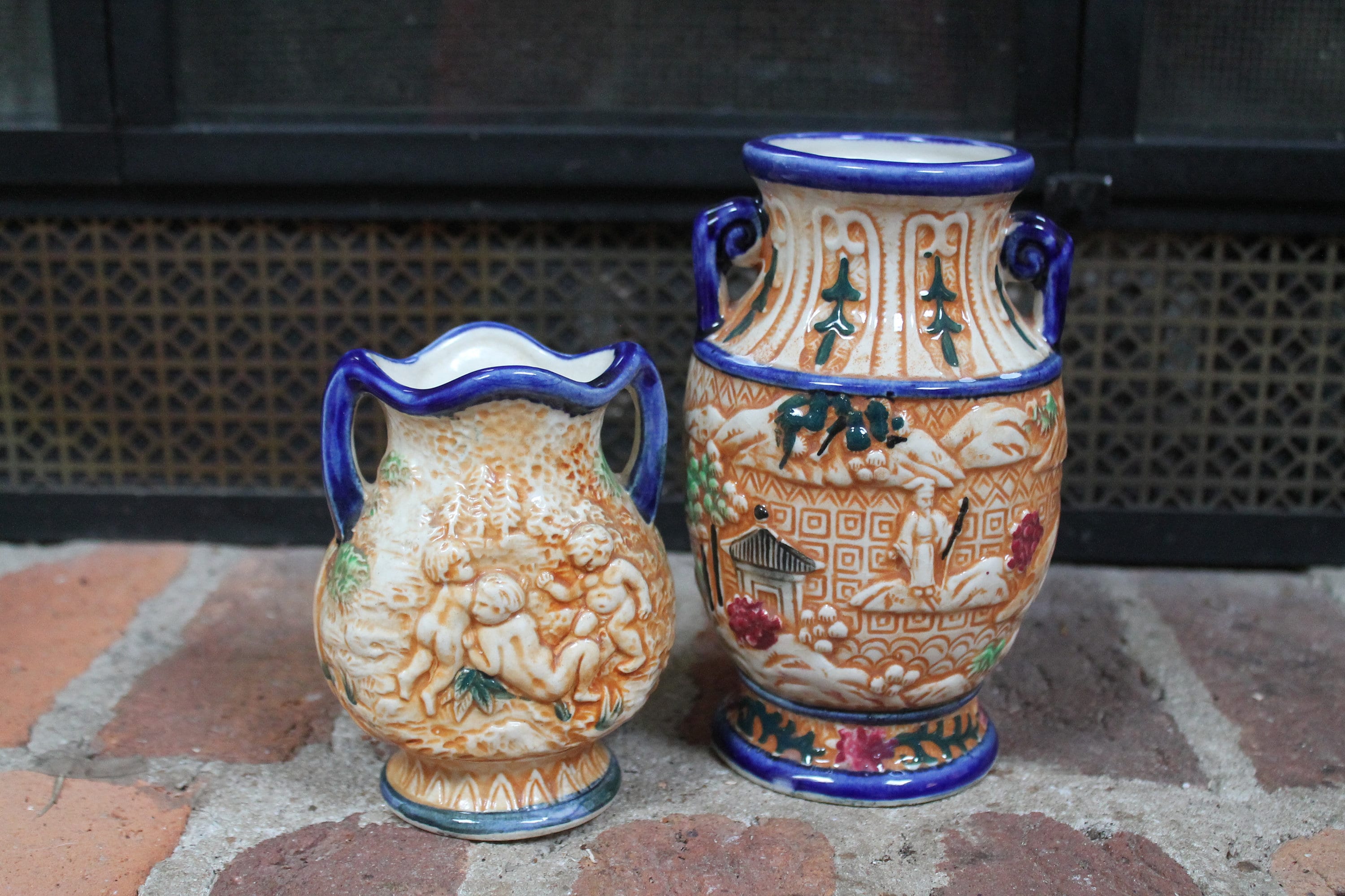 Japanese Majolica Vases Double Handled Urn Style Clay Art Etsy