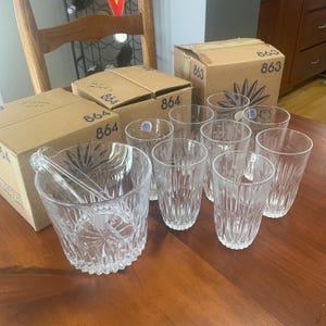 Princess House Ice Bucket & 8 Tumblers in Heritage Highlights pattern 863 + two 864 in original boxes w/ stickers paperwork crystal barware