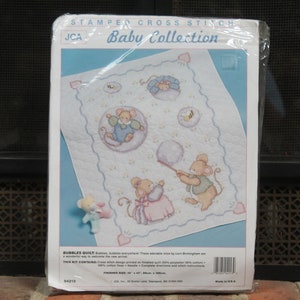 VINTAGE Janlynn Fly Away Bunny Crib Cover Baby Quilt Stamped Cross Stitch  Kit 