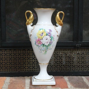 Alka Kunst Gold Swan Handled Urn floral china vase 11&quot; made in Western Germany jardiniere Kaiser porcelain vase