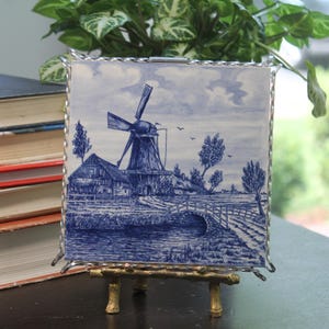 Blue Delft Windmill Tile trivet in metal base hotplate cooling rack Grandmillennial style Delft Blauw hand painted made in Holland