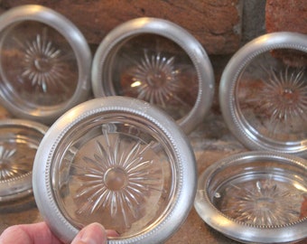 Leonard Pewter & Glass Coasters w/ starburst pattern set of six 6 vintage barware drinks coasters