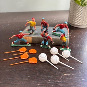 Baseball Players Cake Topper Set by CMV Hong Kong 1950s vintage set of six 6 plus 8 picks for little leaguer t-ball player baseball lover