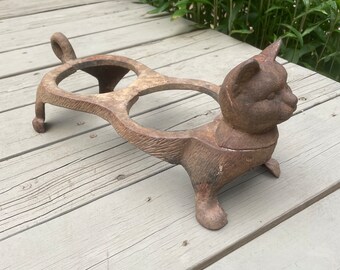 Cast Iron Cat Bowl Holder vintage double bowl elevated stand for pet food bowls or flower pots!