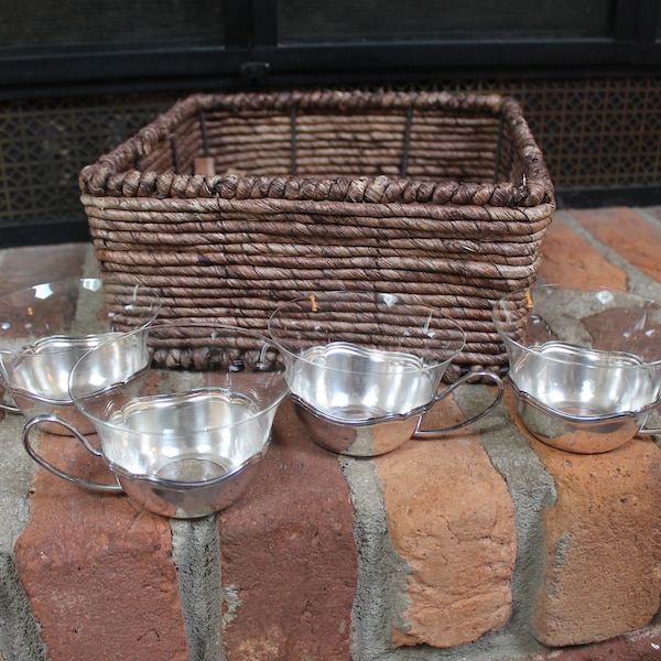WMF Tea Cups 1935-1965 silver plate cup holders w/ thin glass inserts Württembergische Metallwarenfabrik art nouveau