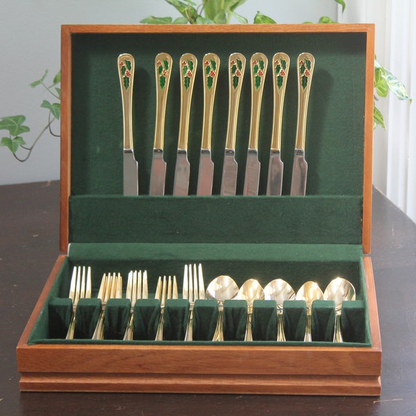 Holly Berry Gold Plated Flatware by Cambridge service for 8 in original solid wood silverware box