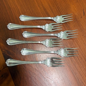 6 "Priscilla" Silverplate Dessert or Salad Forks by 1847 Rogers Bros XS Triple plate 1900 pattern antique forks monogrammed "A"