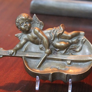 Bronze Cherub Pin Tray Vide Poche angel w/ violin vanity dish, change tray, key holder, ashtray - antique brass look